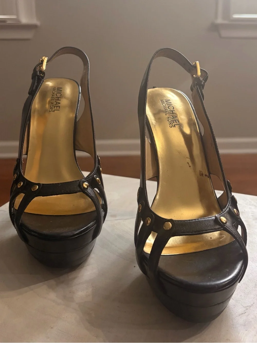 Michael Kors Black Leather Platform Slingback Sandals with Gold Insole